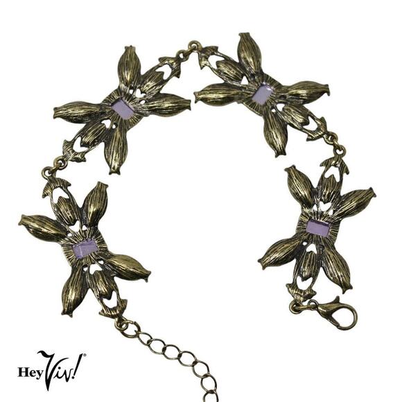 Vintage Statement Rhinestone Bracelet Purple and Blue Flowers 9" Long - Hey Viv - Picture 2 of 6